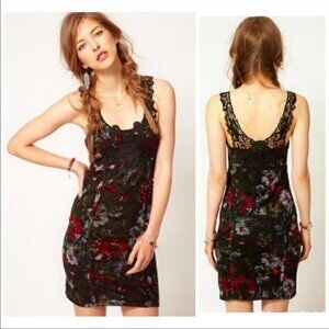 Free People Knockout bodycon black  red floral lace crochet strap mini dress SP
